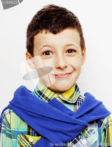 Image of young pretty little cute boy kid wondering, posing emotional face isolated on white background, gesture happy smiling close up, lifestyle real people concept