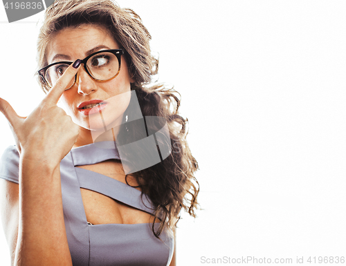 Image of young pretty real brunette woman secretary in sexy dress wearing glasses isolated on white background pointing gesturing emotional cheerful lady 