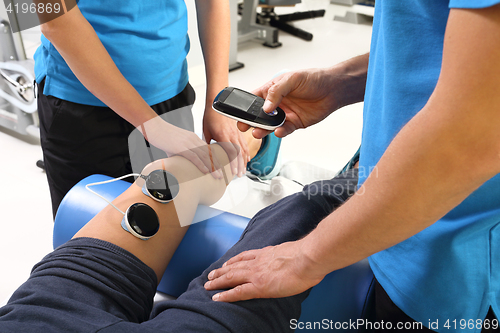 Image of neurological rehabilitation Physiotherapy, ultrasound Physiotherapist doctor performs surgery on a patient&#39;s leg