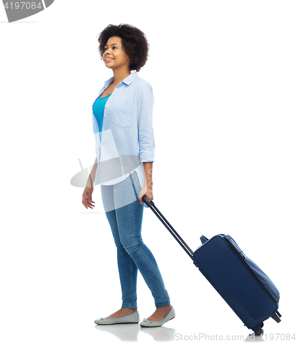 Image of happy afro american woman with carry-on travel bag