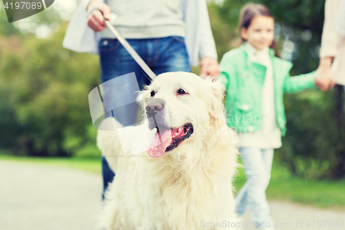 Image of close up of family with labrador dog in park