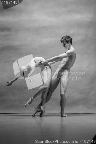 Image of Couple of ballet dancers posing over gray background