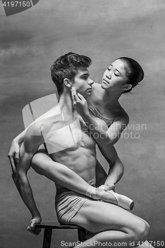 Image of Couple of ballet dancers posing over gray background