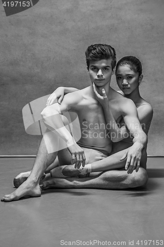 Image of Couple of ballet dancers posing over gray background