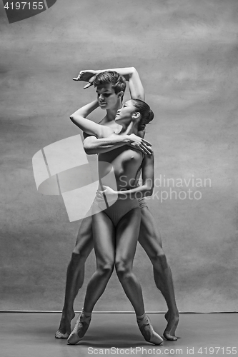 Image of Couple of ballet dancers posing over gray background