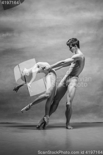 Image of Couple of ballet dancers posing over gray background