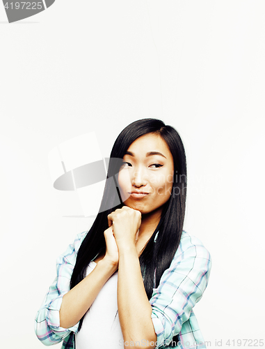 Image of young pretty asian woman posing cheerful emotional isolated on white background, lifestyle people concept 