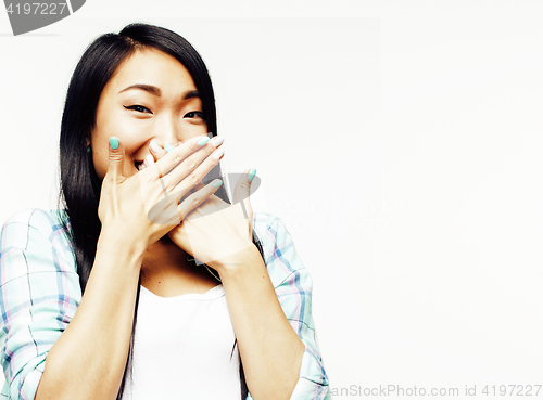 Image of young pretty asian woman posing cheerful emotional isolated on white background, lifestyle people concept 