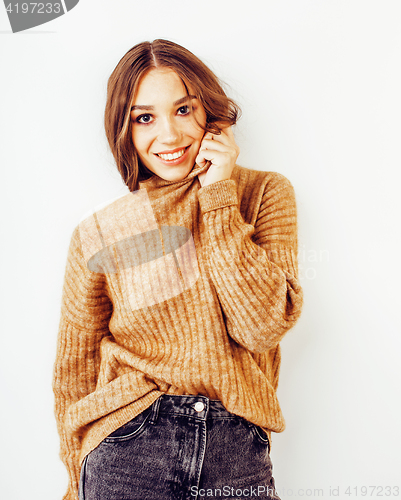 Image of young pretty stylish hipster girl posing emotional isolated on white background happy smiling cool smile, lifestyle people concept 