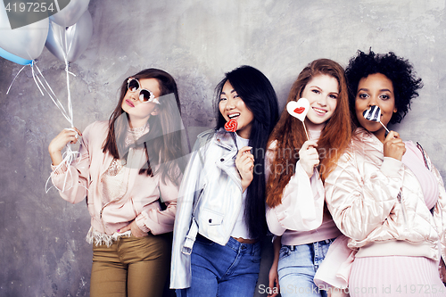 Image of Lifestyle and people concept: young pretty diversity nations woman with different age children celebrating on birth day party together happy smiling, making selfie. African-american, asian and caucasi