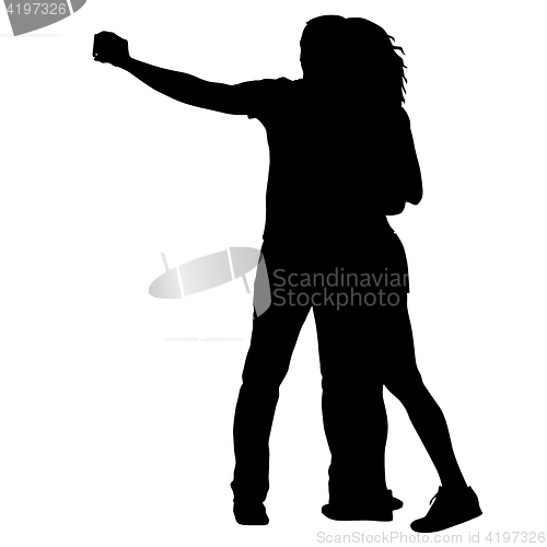 Image of Silhouettes man and woman taking selfie with smartphone on white background. illustration