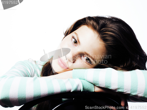 Image of young pretty teenage hipster girl posing emotional happy smiling on white background, lifestyle people concept 