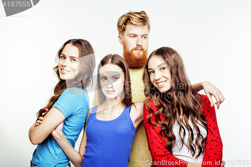 Image of company of hipster guys, bearded red hair boy and girls students having fun together friends, diverse fashion style, lifestyle people concept isolated on white background