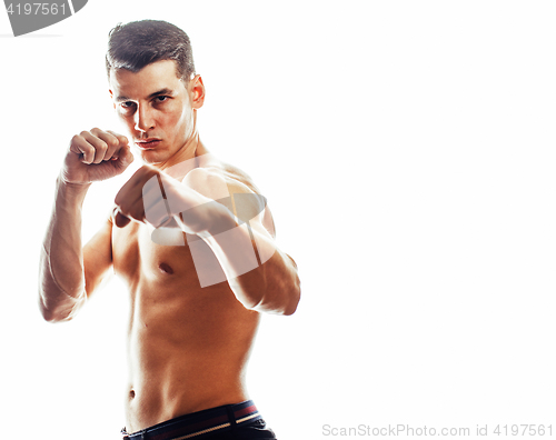 Image of young handsome naked torso man boxing on white background isolated, lifestyle sport agressive people concept 