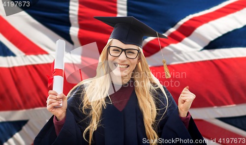 Image of happy student with diploma over british flag 