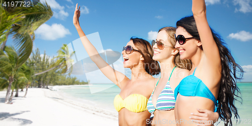 Image of happy young women in bikinis on summer beach