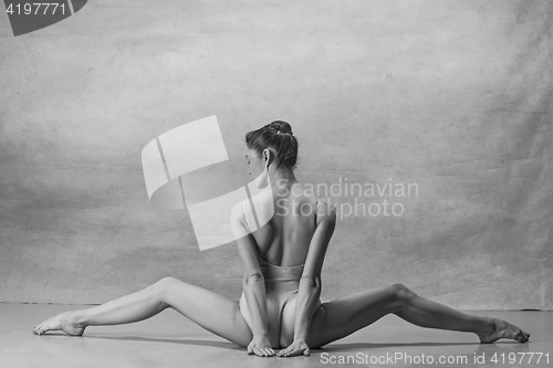 Image of The ballerina is sitting with her back legs wide apart