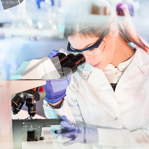 Image of Life science researcher microscoping in genetic scientific laboratory.