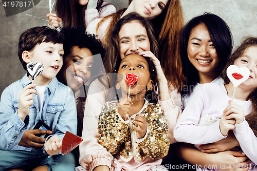 Image of Lifestyle and people concept: young pretty diversity nations woman with different age children celebrating on birth day party together happy smiling, making selfie. African-american, asian and caucasi