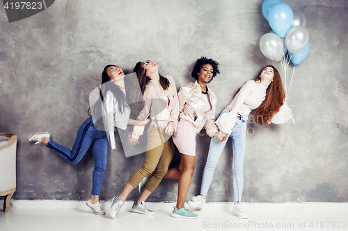 Image of Lifestyle and people concept: young pretty diversity nations woman with different age children celebrating on birth day party together happy smiling, making selfie. African-american, asian and caucasi