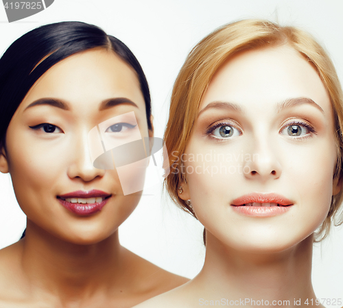 Image of  different nation woman: asian, caucasian together isolated on white background happy smiling, diverse type on skin, lifestyle people concept close up