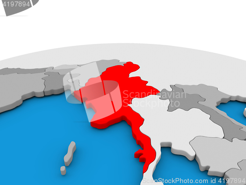 Image of Myanmar on globe in red