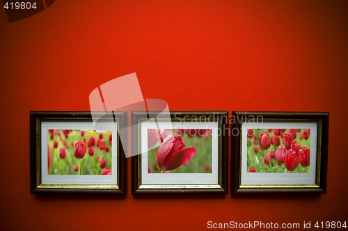 Image of art frames on red wall