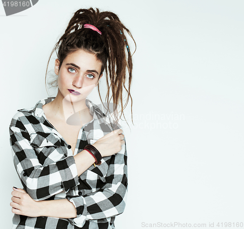 Image of real caucasian woman with dreadlocks hairstyle funny cheerful fa