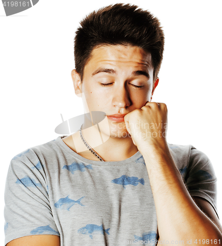 Image of young attractive man isolated thinking emotional on white close 