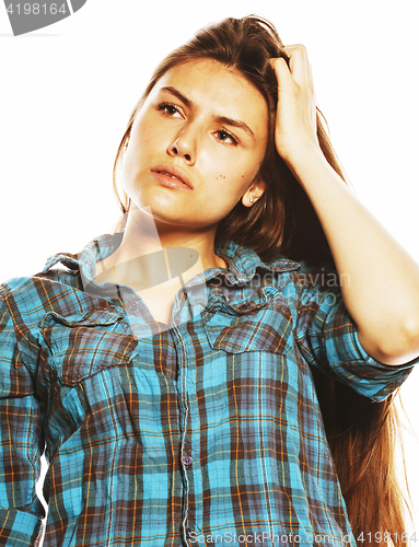 Image of young pretty woman posing on white background isolated emotional