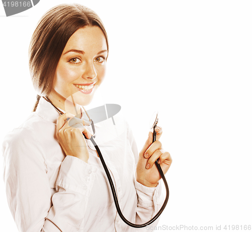 Image of young pretty woman doctor with stethoscope on white background 