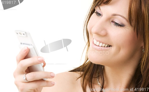 Image of happy woman with white phone