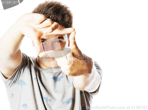 Image of young pretty man framing with fingers isolated on white