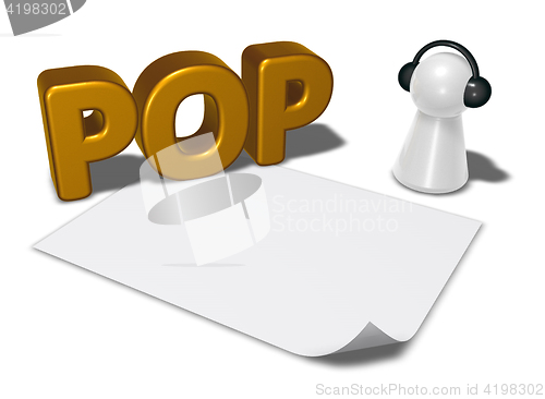 Image of pop tag, blank white paper sheet and pawn with headphones - 3d rendering