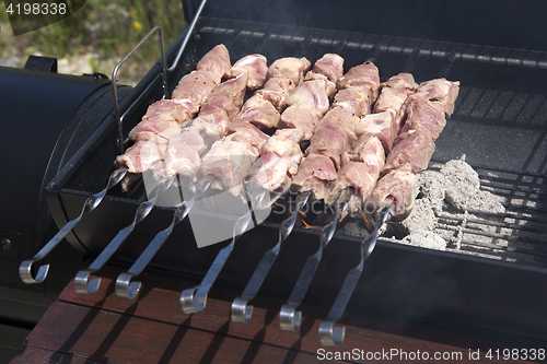 Image of Grilling shashlik on a barbeque grill outdoor