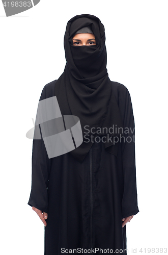 Image of muslim woman in hijab over white background