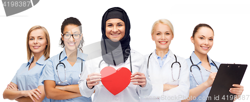 Image of group of doctors with red heart and clipboard
