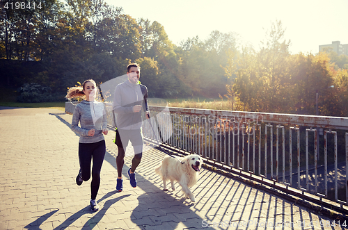 Image of happy couple with dog running outdoors