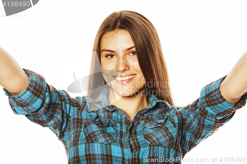 Image of cute teenage girls making selfie isolated