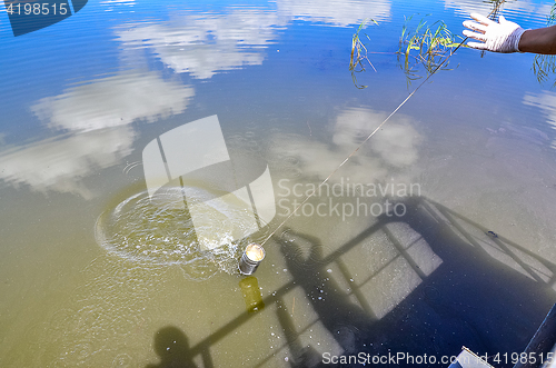 Image of Take samples of water for laboratory testing. The concept - analysis of water purity, environment, ecology.