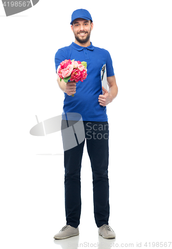 Image of happy delivery man with flowers and clipboard