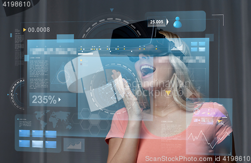 Image of woman in virtual reality headset or 3d glasses