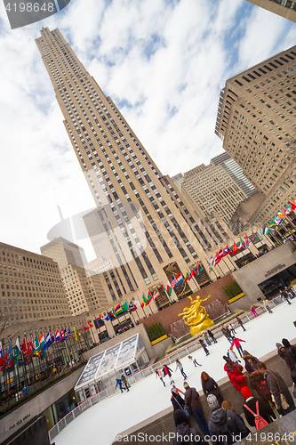 Image of Rockefeller Center skyscraper and ice skate rink on Manhattan, New York City, USA.