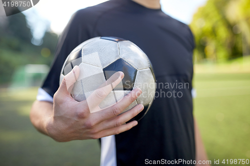 Image of close up of soccer player with football on field