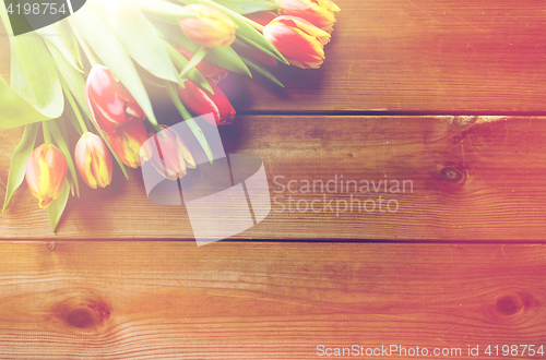 Image of close up of tulip flowers on wooden table