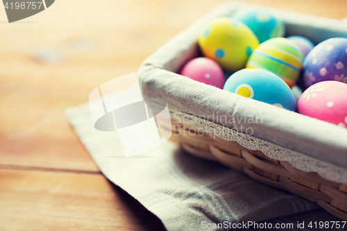 Image of close up of colored easter eggs in basket