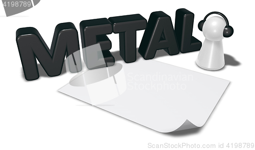 Image of metal tag, blank white paper sheet and pawn with headphones - 3d rendering