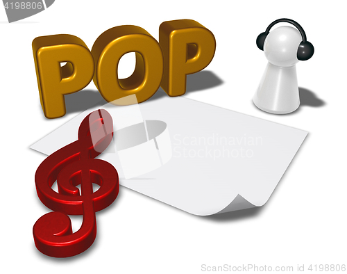 Image of pop tag, blank white paper sheet and pawn with headphones - 3d rendering