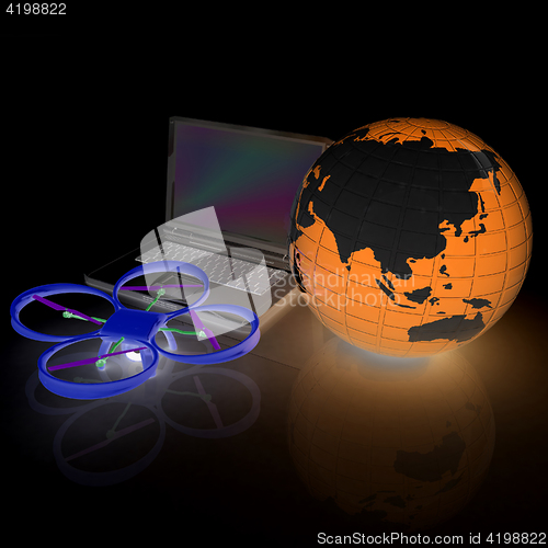 Image of Drone or quadrocopter with camera with laptop. Network, online, 