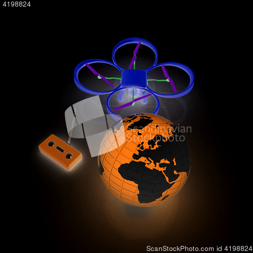 Image of Quadrocopter Drone with Earth Globe and remote controller on a w